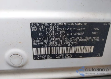 2019 Toyota Rav4 Xle z USA, uszkodzony, nr VIN 2T3W1RFV8KW038251